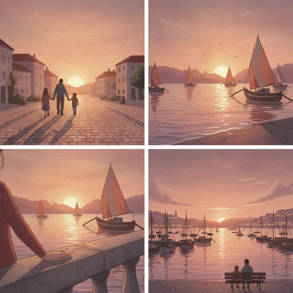 Comic style: a four panel grid of a harbour at sunset.