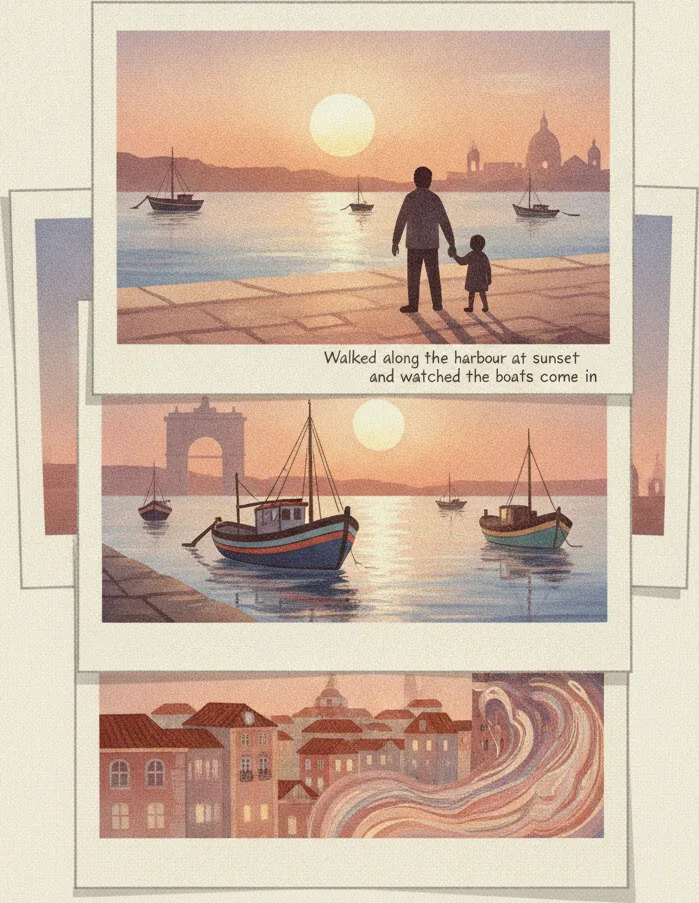 Polaroid style: a stack of instant photographs of a harbour.